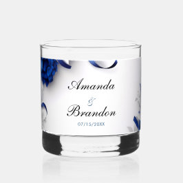 シックなネイビーブルー&シルバーフラワーズリボン結婚ズ ウイスキーグラス