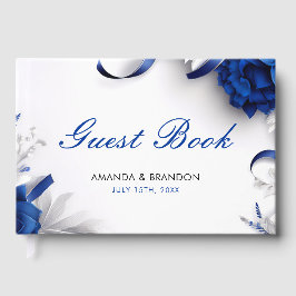 シックなネイビーブルー&シルバーフラワーズリボン結婚ズ ゲストブック