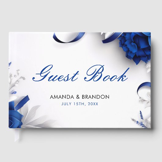 シックなネイビーブルー&シルバーフラワーズリボン結婚ズ ゲストブック (正面)