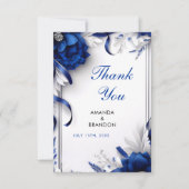 シックなネイビーブルー&シルバーフラワーズリボン結婚ズ サンキューカード (正面)