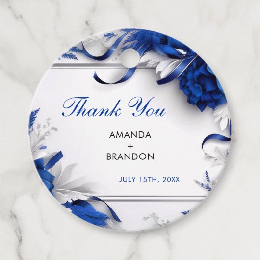 シックなネイビーブルー&シルバーフラワーズリボン結婚ズ フェイバータグ (正面)