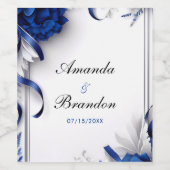 シックなネイビーブルー&シルバーフラワーズリボン結婚ズ ワインラベル (シングルラベル)