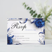 シックなネイビーブルー&シルバーフラワーズリボン結婚ズ 出欠カード (スタンド正面)