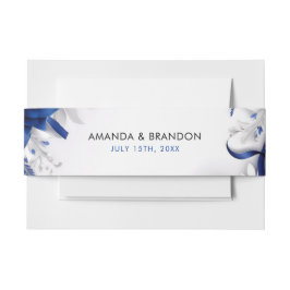 シックなネイビーブルー&シルバーフラワーズリボン結婚ズ 招待状ベリーバンド