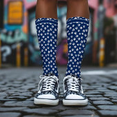 シックなネイビーブルー&ホワイトポープリントパーソナライズされた名 ソックス