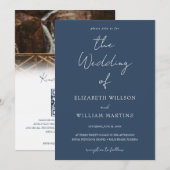 シックなネイビーブルーQRコードRSVP写真結婚ズ 招待状 (正面/裏面)