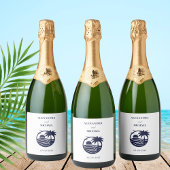 シックなネイビーホワイトパームツリーコースト結婚ーズ スパークリングワインラベル