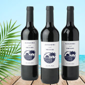 シックなネイビーホワイトパームツリーコースト結婚ーズ ワインラベル