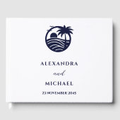 シックなネイビーホワイト熱帯パームツリーコースト結婚ーズ ゲストブック (正面)