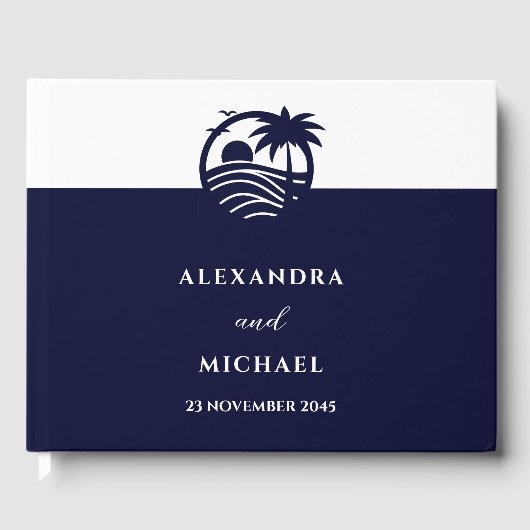 シックなネイビーホワイト熱帯パームツリーコースト結婚ーズ ゲストブック (正面)