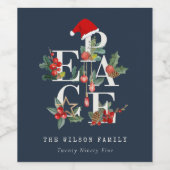 シックなネイビーレッドグリーンホワイトピースクリスマスリーフ ワインラベル (シングルラベル)