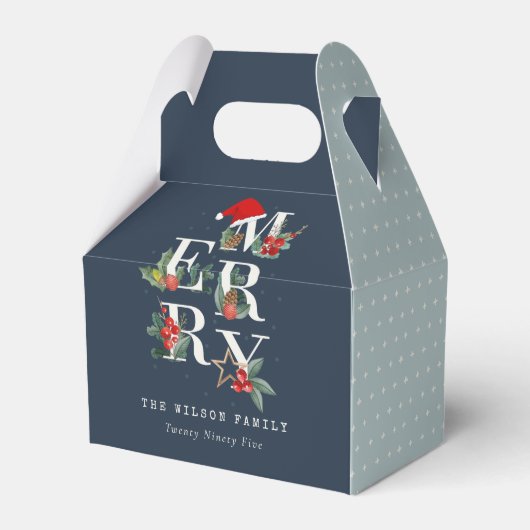 シックなネイビーレッドグリーンホワイトメリークリスマスリーフ フェイバーボックス (正面サイド)