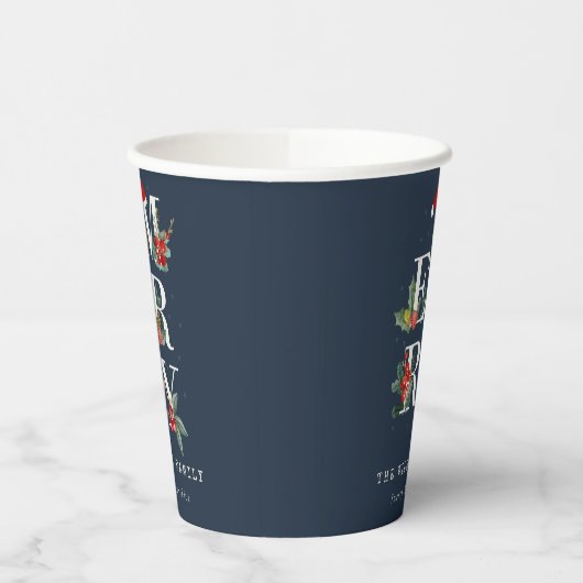 シックなネイビーレッドグリーンホワイトメリークリスマスリーフ 紙コップ (左)