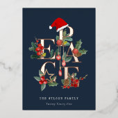 シックなネイビーレッドグリーン写真平和クリスマスリーフ 箔シーズンカード (正面)