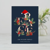 シックなネイビーレッドグリーン写真平和クリスマスリーフ 箔シーズンカード (立ち正面)