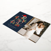 シックなネイビーレッドグリーン写真平和クリスマスリーフ 箔シーズンカード (回転した状態)