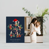 シックなネイビーレッドグリーン写真平和クリスマスリーフ 箔シーズンカード (立ち正面)