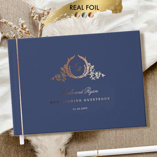 シックなネイビー実在ブルーとホイモノグラムのル結婚ズ ゲストブック