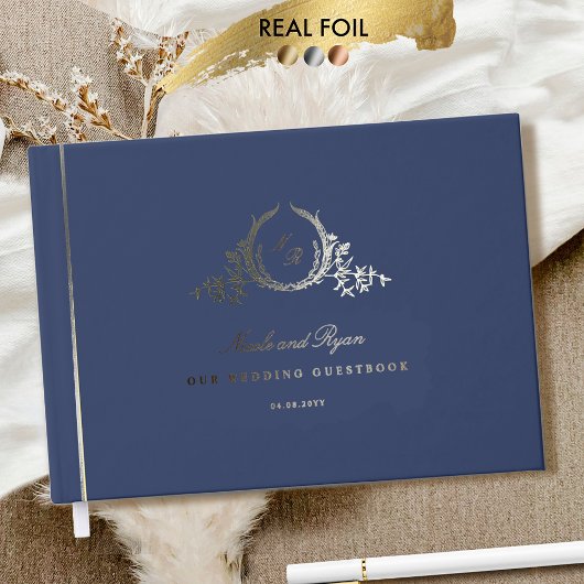 シックなネイビー実在ブルーとホイモノグラムのル結婚ズ ゲストブック