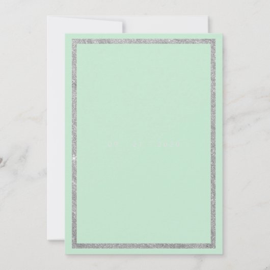 シックなネオミントホワイトシルバーグリッター結婚フローラ 招待状 (裏面)