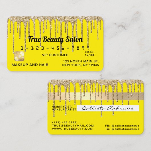 シックなネオンイエロー金ゴールドグリッタードリップスクレジット 名刺 (正面/裏面)
