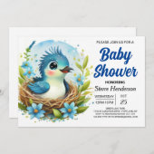 シックなネストブルーバードボーイ赤ちゃんシャワー 招待状 (正面/裏面)