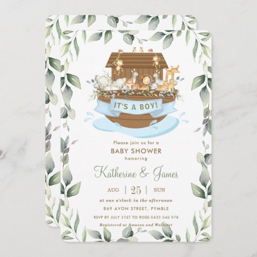 シックなノアの箱舟の動物の緑の少年の赤ちゃんシャワー 招待状 (正面/裏面)