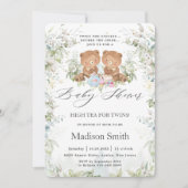 シックなハイティーパーティーツインズベビーシャワーテディベア 招待状 (正面)