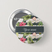 シックなハイビスカスの花は縞で飾り、 缶バッジ (正面&裏面)