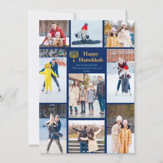 シックなハッピーハヌッカファミリーフォトコラージングブルー金ゴールド シーズンカード (正面)