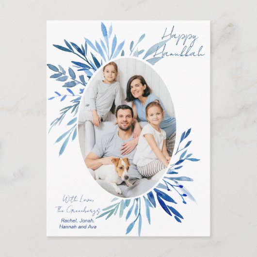 シックなハッピーハヌッカブルーボタニカルファミリーフォト シーズンポストカード (正面)