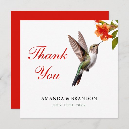 シックなハミングバードとオレンジフラワー結婚ズ サンキューカード (正面/裏面)