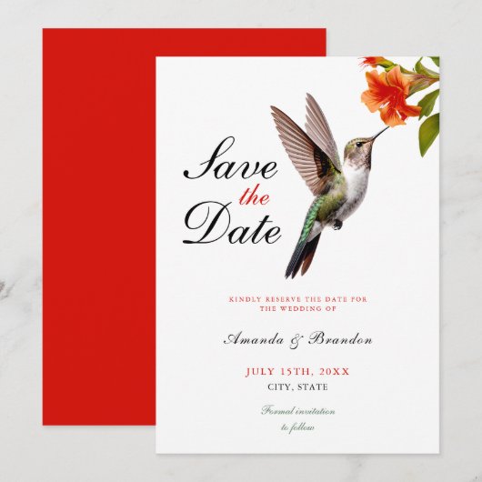 シックなハミングバードとオレンジフラワー結婚ズ セーブザデート (正面/裏面)
