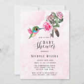 シックなハミングバードフローラ鍵ベビーガールシャワー 招待状 (正面)