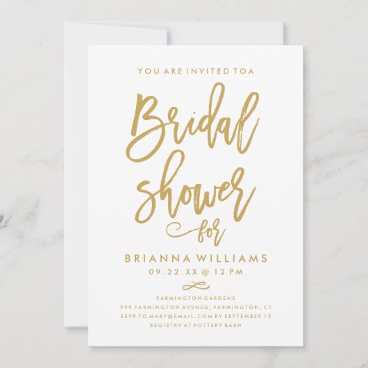 シックなハンドレタ結婚ー金ゴールドブライダルシャワー 招待状 (正面)