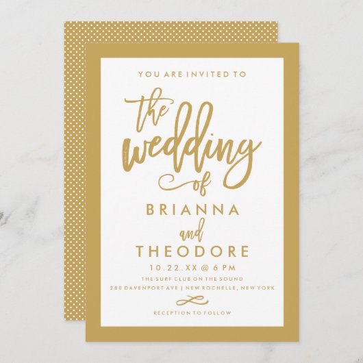 シックなハンドレッタ金ゴールド縁ど結婚式招待状 招待状 (正面/裏面)