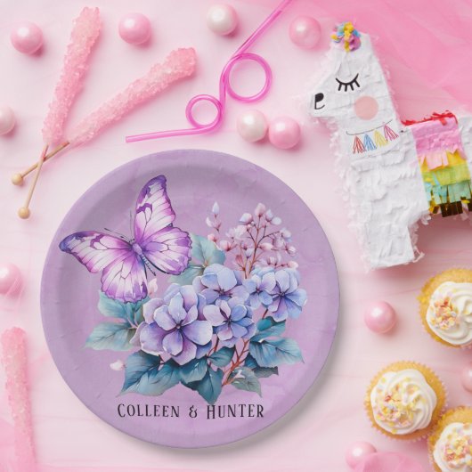 シックなバイオレットアジサイフローラとバタフライ結婚ズ ペーパープレート (パーティー)
