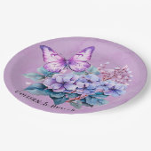 シックなバイオレットアジサイフローラとバタフライ結婚ズ ペーパープレート (アングル)