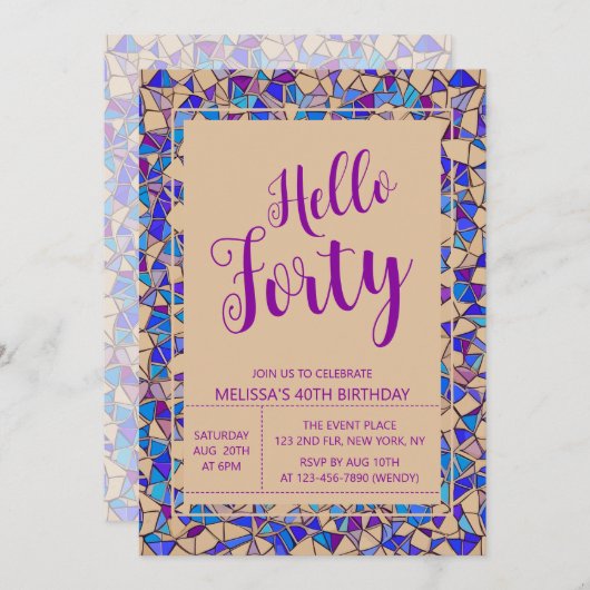 シックなバイオレットブルーモザイクこんにちは40歳の誕生日 招待状 (正面/裏面)