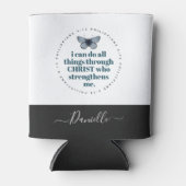 シックなバイブル聖句ピリピアンブルーバタフライ名 缶クーラー (正面)