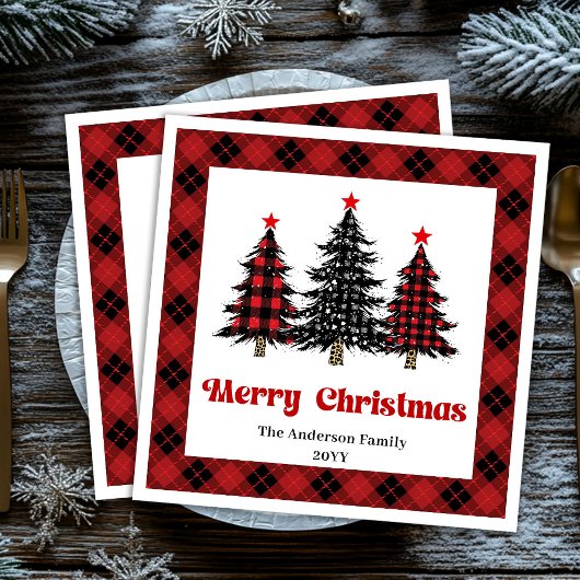 シックなバッファローチェックのツリー クリスマス ナプキン