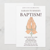 シックなバプテスマ祈スと手の祈りの言葉ビーズ 招待状 (正面/裏面)