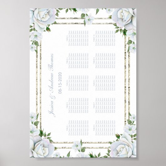 シックなバラとシルバー縁どのフローラシーティングチャート ポスター (正面)