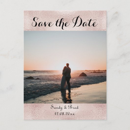 シックなバラカスタム金ゴールド写真Save the Date 結婚's ポストカード (正面)