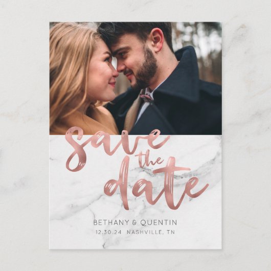 シックなバラゴールドフォイルスクリプト大理石日付を保存 案内ポストカード (正面)