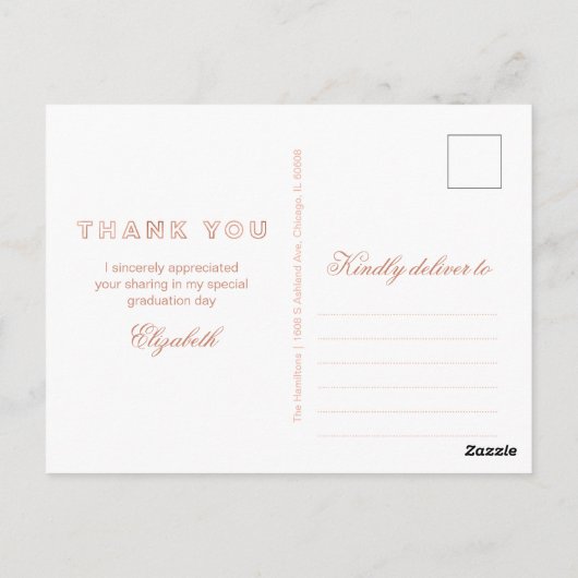 シックなバラゴールドフォイル卒業ありがとう写真 ポストカード (裏面)