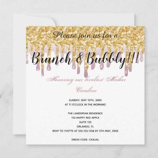 シックなバラドリッピング金ゴールド母の日 招待状 (正面)