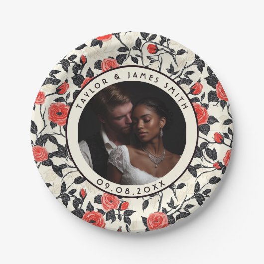 シックなバラ結婚ミニマルプレート ペーパープレート (正面)