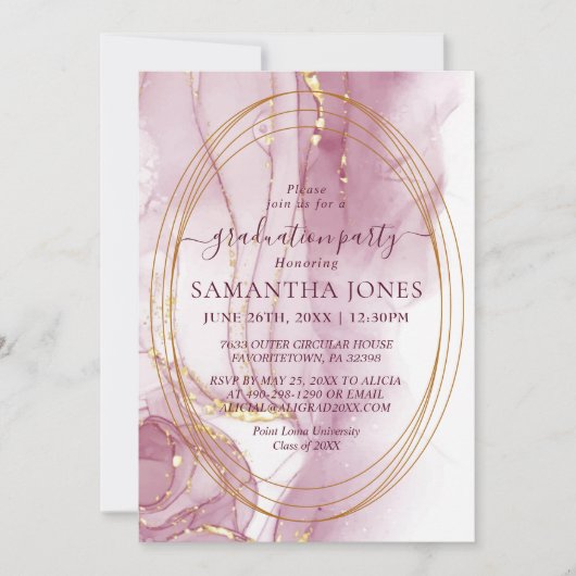 シックなバラ色の水彩書道の卒業 招待状 (正面)