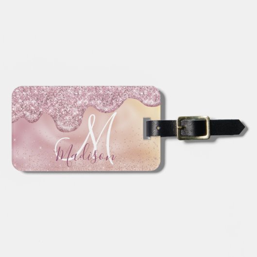 シックなバラ赤面グラデーションピンクドリップス滴下モノグラム ラゲッジタグ (正面横)